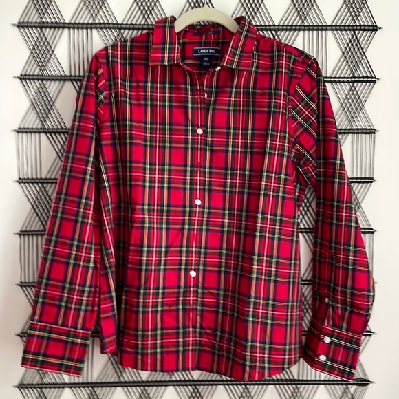 Lands' End No Iron Supima Red Tartan Plaid Long Sleeve Button up Shirt Size 12P - Picture 3 of 7